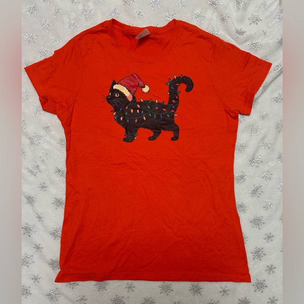 Port and Company Christmas Black Cat Tee with Santa Hat - Size - small